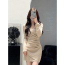 设计感显瘦褶皱包臀裙 气质V领针织连衣裙女25年冬季 XZY 微胖法式