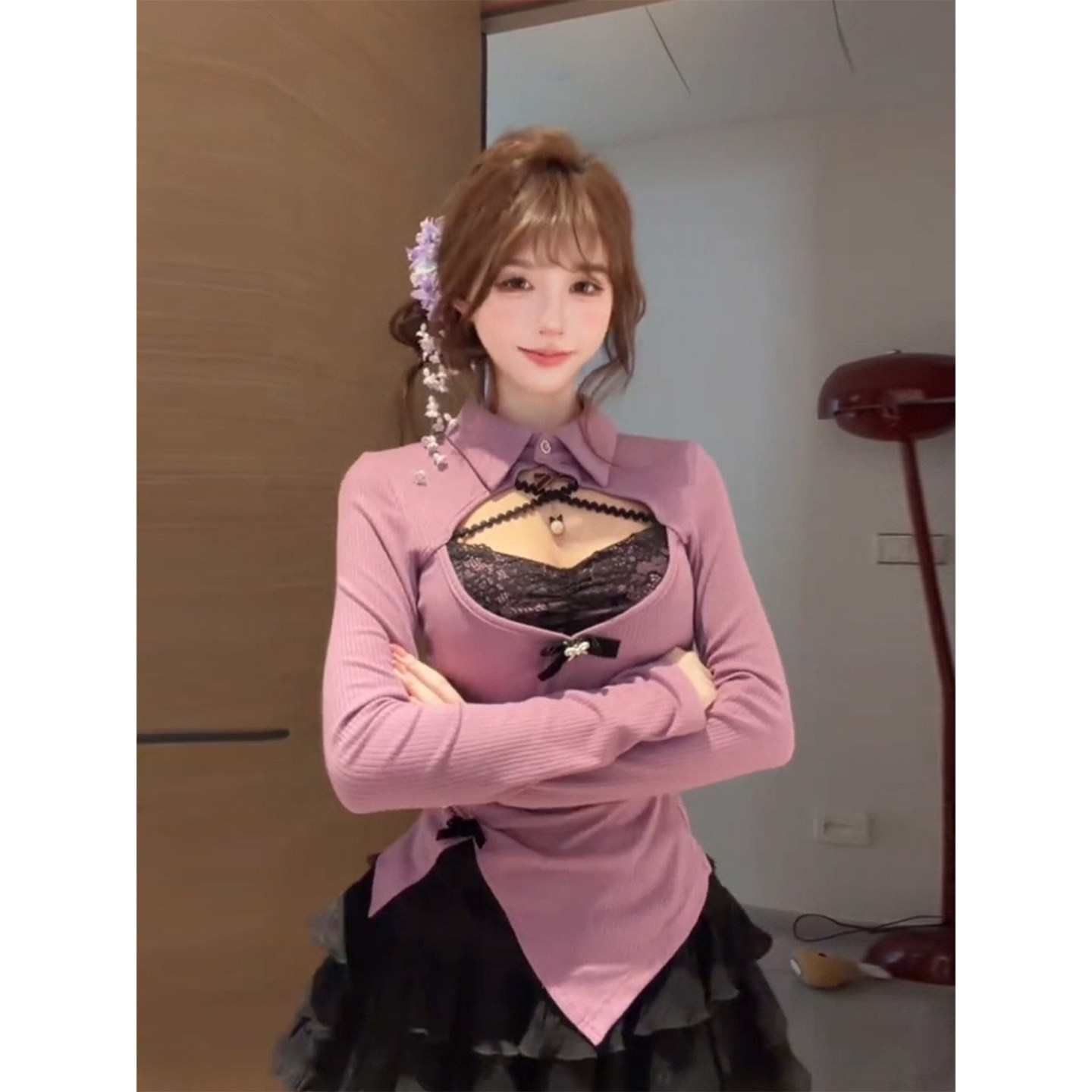 XZY 微胖纯欲风修身假两件蕾丝上衣女25年冬季高腰显瘦蓬蓬裙套装,女装/女士精品,大码套装,淘宝优惠券,粉丝福利购,淘宝优惠卷