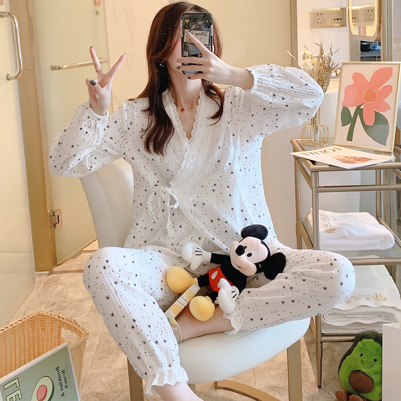 月子服夏季薄款孕妇睡衣春秋纯棉纱布产后哺乳7月份产妇9坐怀孕期