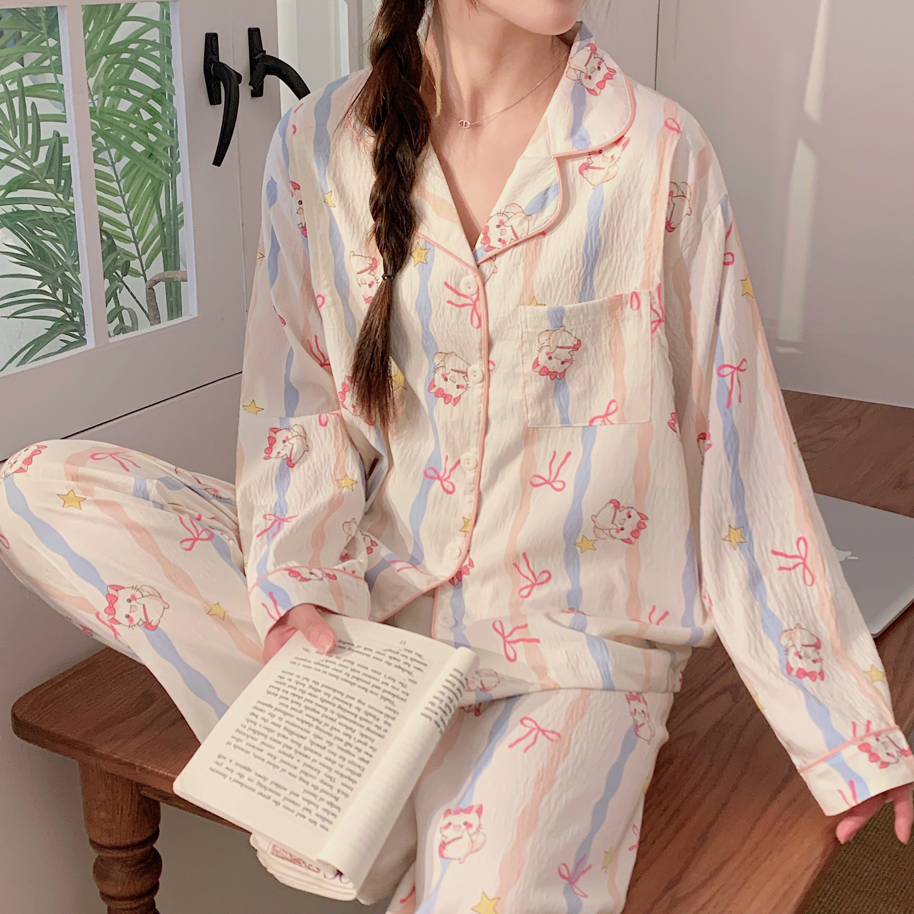 巫妹妹月子服夏季薄款带胸垫蝴蝶结小猫哺乳喂奶待产怀孕孕妇睡衣