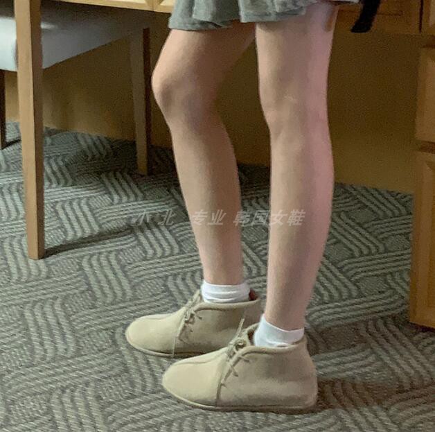 韩国女鞋系带翻毛麂皮绒面简约短靴牛津鞋女低跟