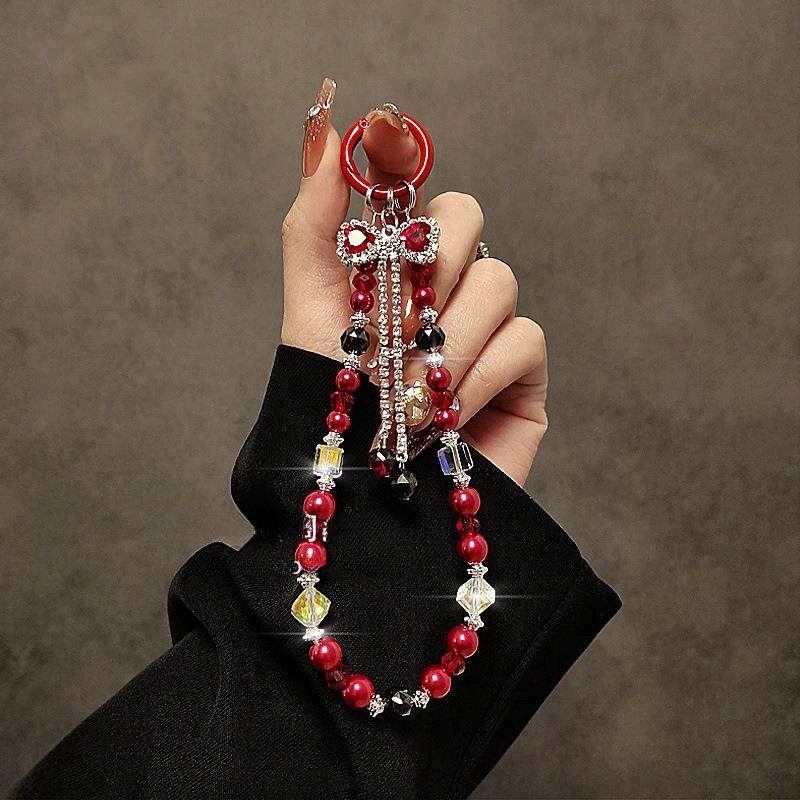 新款手机壳高颜值水晶串珠水钻锆石蝴蝶结挂件手机链条挂绳保护套