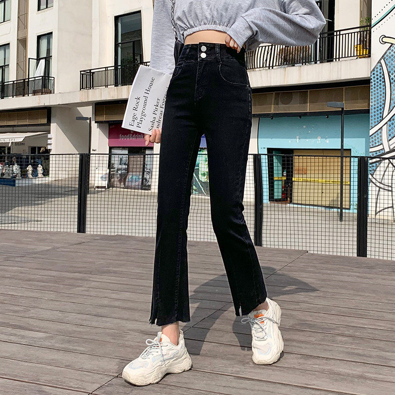 牛仔裤女2021春夏微喇叭高腰牛仔直筒裤宽松高腰显瘦小个子八分裤