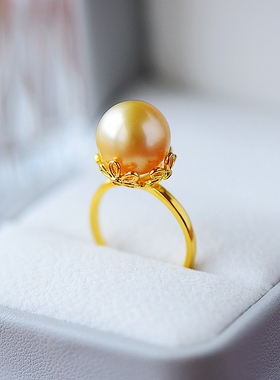 S925纯银戒指空托时尚女款圆珠遮瑕包边DIY蜜蜡松石珍珠镶嵌10-14