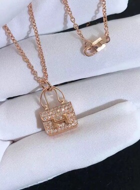 新款康康宝包项链18k玫瑰金满钻h字母锁骨链轻奢小众高级感