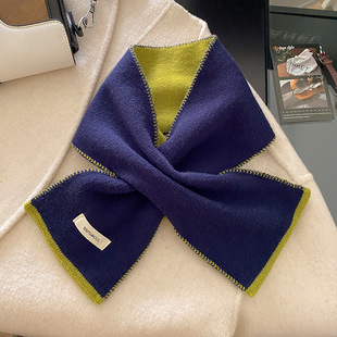 撞色双面纯羊毛针织围巾女秋冬季保暖复古交叉短款小围脖颈部装饰