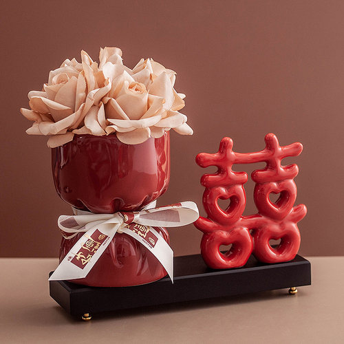 丼美红色喜庆双喜摆件