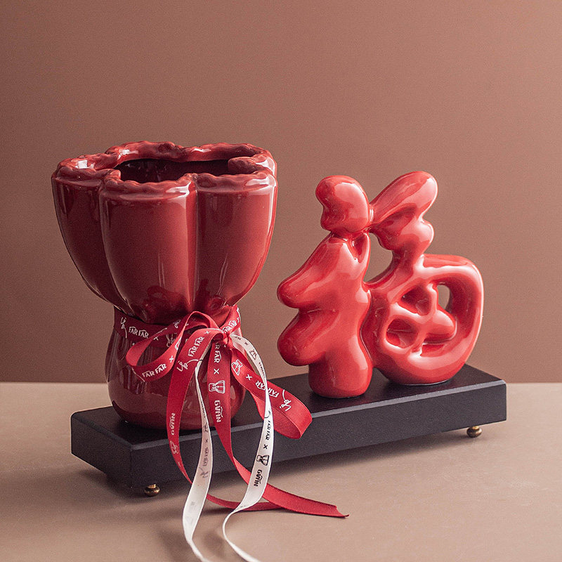 丼美入户玄关婚房卧室床头柜福字乔迁结婚红色花瓶家居桌面摆件,家居饰品,桌面摆件,淘宝优惠券,粉丝福利购,淘宝优惠卷