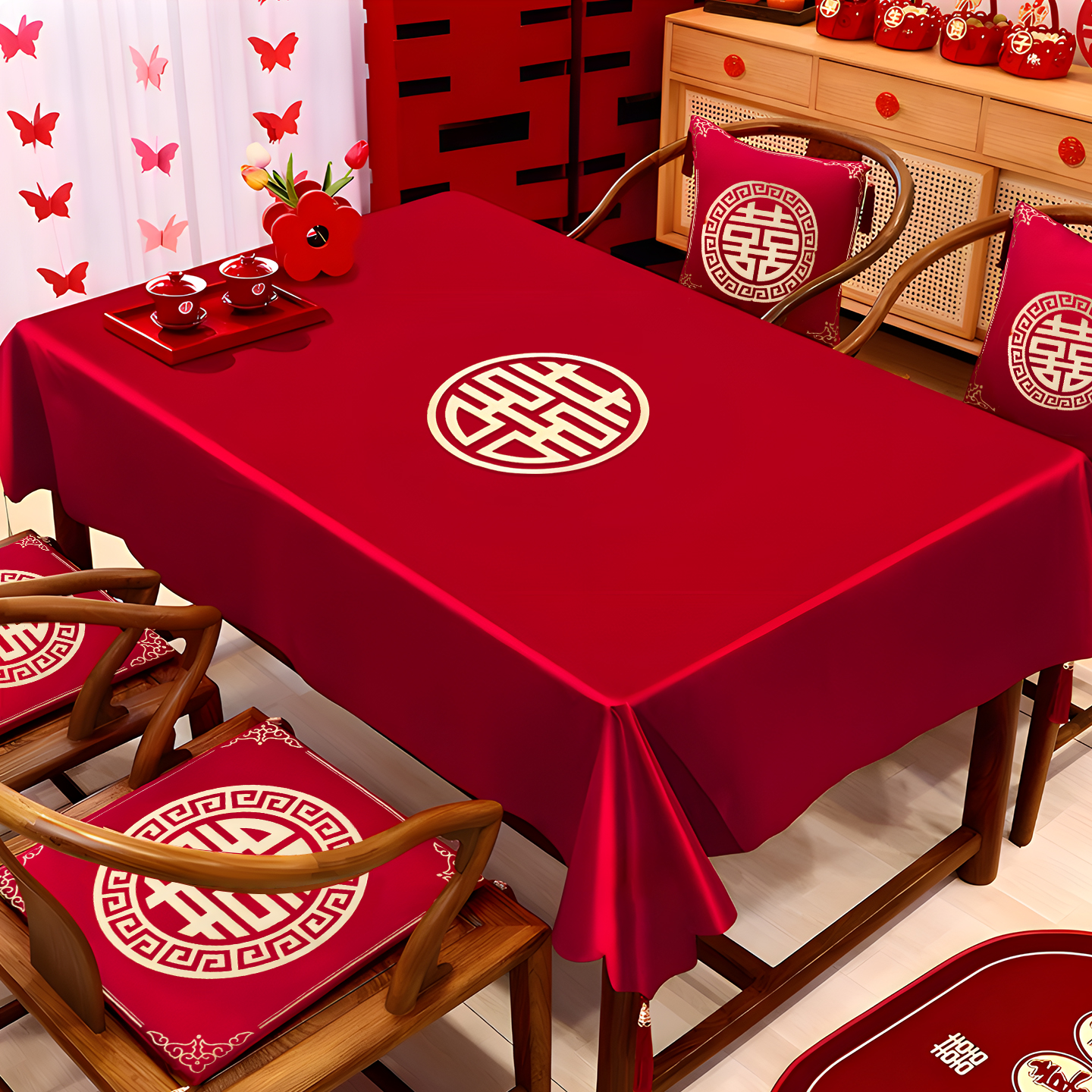 结婚红色茶几桌布喜字订婚新婚台布婚礼婚房布置套装果盘干果组合