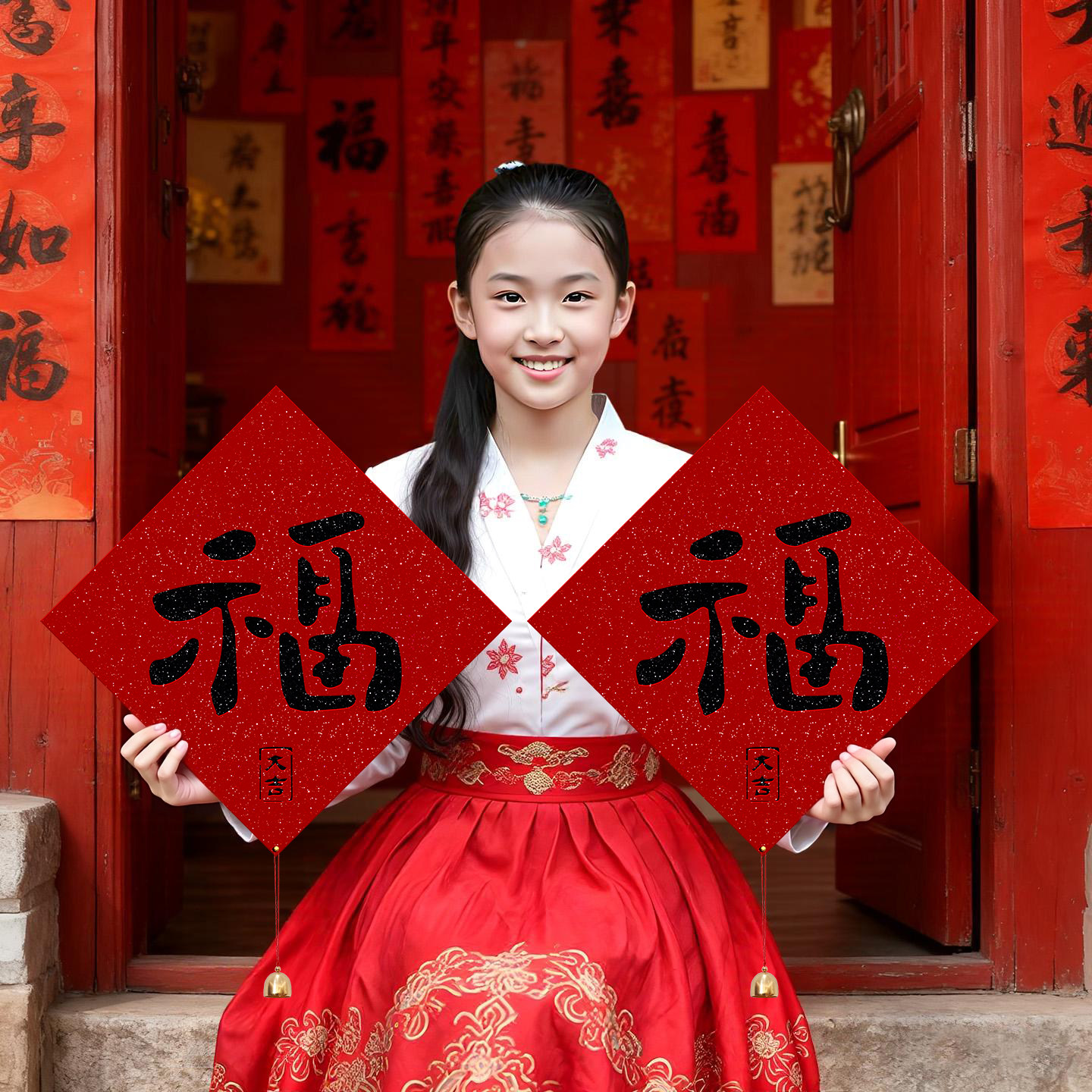 背胶福字2026新年入户门大门马年春节装饰布置铃铛喜庆贴门贴仪式