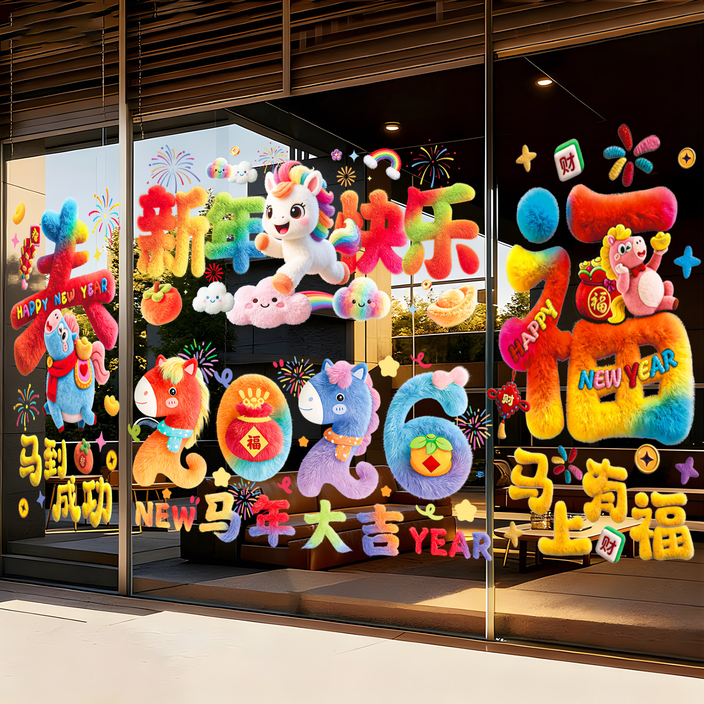 马年装饰窗花2026新款5D毛绒静电玻璃贴过年春节氛围布置橱窗贴纸,节庆用品/礼品,喜字/剪纸/贴纸,淘宝优惠券,粉丝福利购,淘宝优惠卷