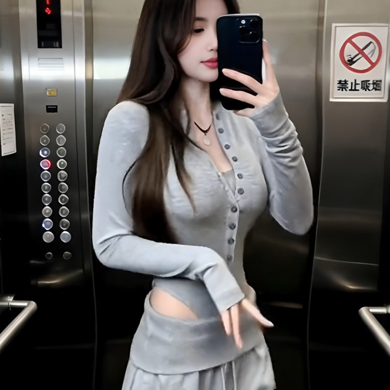 春季新款韩女慵懒风灰色连体纽扣长袖T恤连体百搭设计感灰色连体