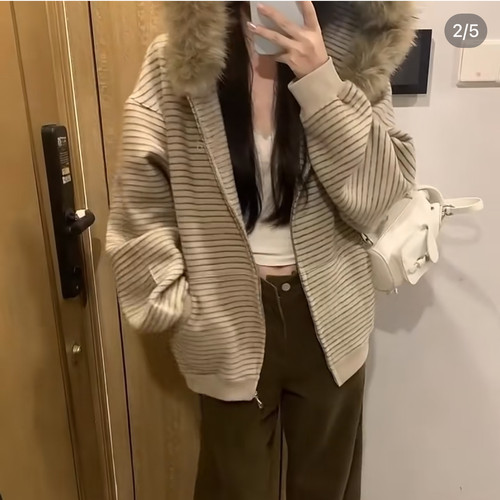 美式复古条纹连帽卫衣外套女秋冬季宽松毛领针织外穿上衣拉链开衫