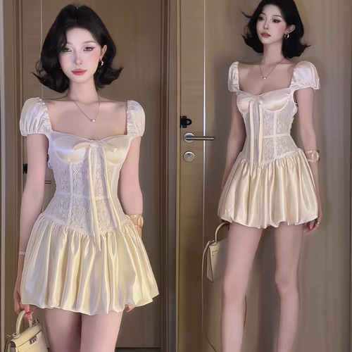 法式辣妹蕾丝拼接缎面修身礼服裙
