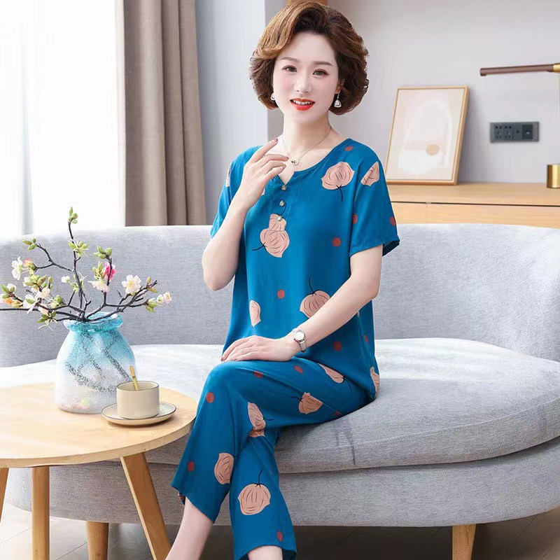 夏季中老年棉绸女睡衣绵绸夏装短袖老人妈妈家居服人造棉空调套装