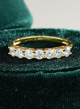 七星排戒戒指环圆形镀18K黄金莫桑石S925银戒子女跨境