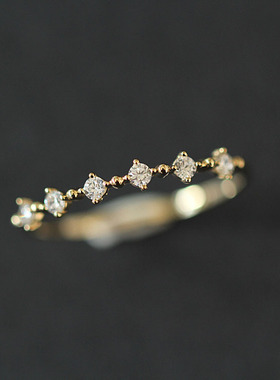 14K纯黄金镶6颗锆钻婚礼排钻精细韩版韩式韩国风戒指指环