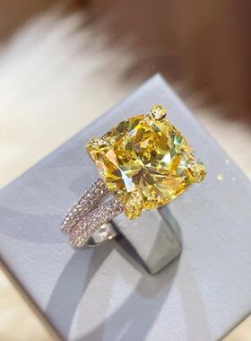 925银镀金黄钻大颗粒 厂家批发 满镶高碳钻 鹰爪K金 分色电镀戒指