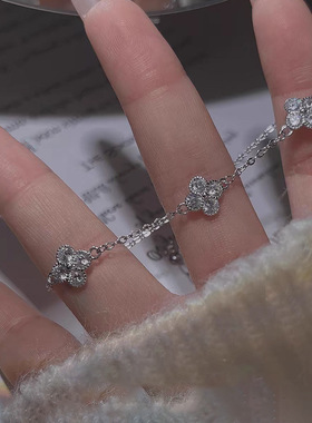 s925纯银四叶草手链女轻奢小众高级感微镶满钻花朵手饰品厂家批发