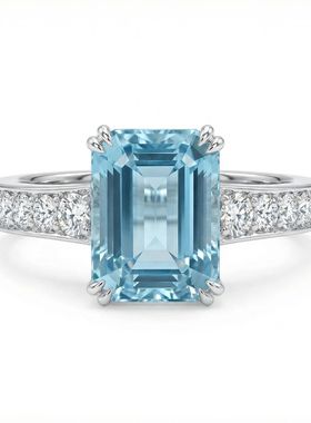 S925纯银长方形海蓝宝戒指女精致百搭高级品质跨境新款高碳钻指环