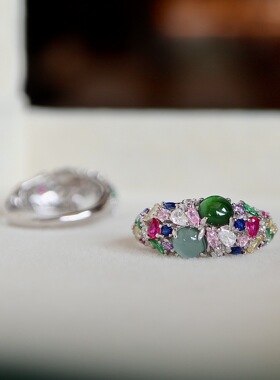 天然A货翡翠戒指S925纯银彩锆蓝水危料翡翠耳包简约设计批发工厂