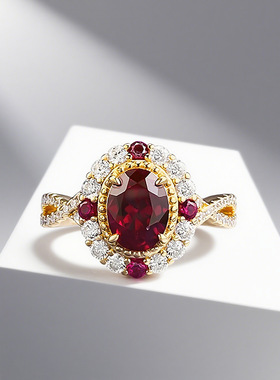 隆隆金 2025新品S925银6*8mm仿真鸽血红椭圆戒指宫廷中古风直播
