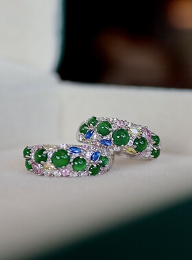 天然帝王绿翡翠戒指S925纯银翡翠耳包简约大气珠宝饰品抖音货源