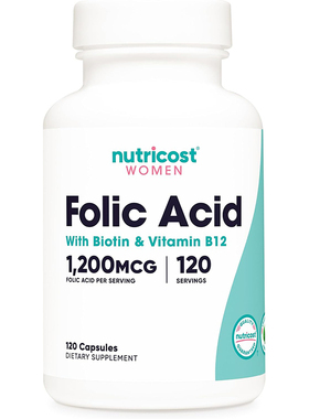 美国Nutricost Folic Acid含生物维生素和维生素 B12 的叶酸120粒
