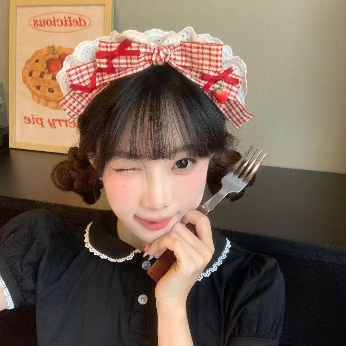 新款红色格纹蝴蝶结发箍头饰