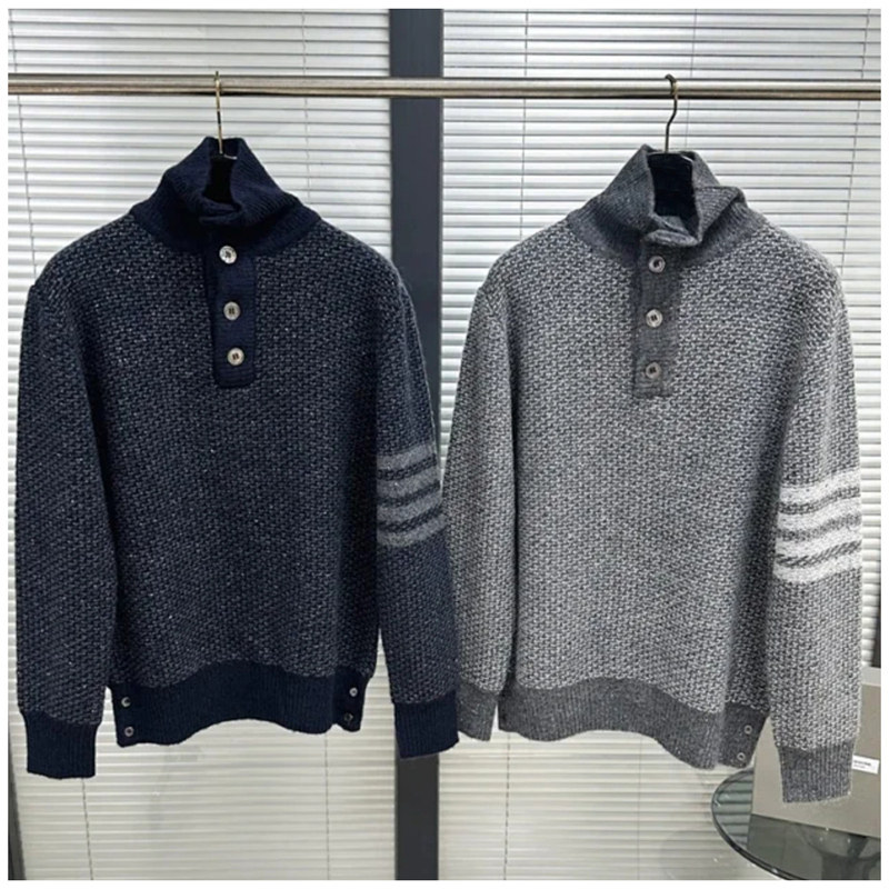 粗针彩纱圆领羊毛半高领半纽扣针织衫高织高密鱼鳞纹理羊毛马海毛
