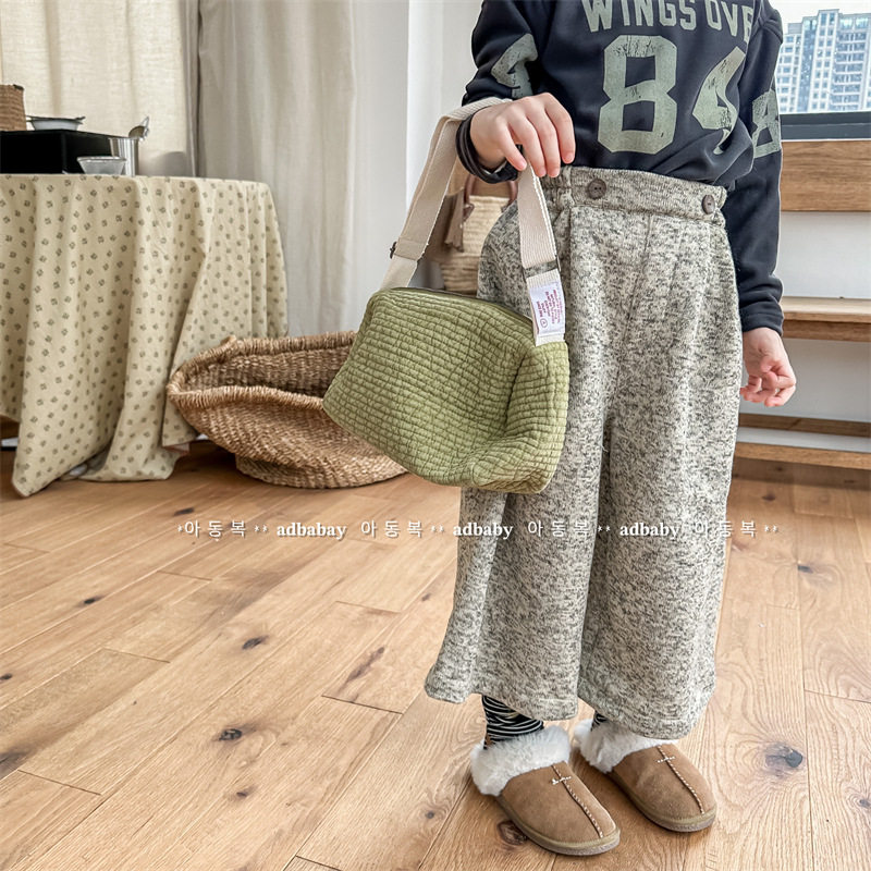 女童抓绒阔腿裤毛线针织2023秋冬款韩版宝宝9分加绒休闲直筒裤子