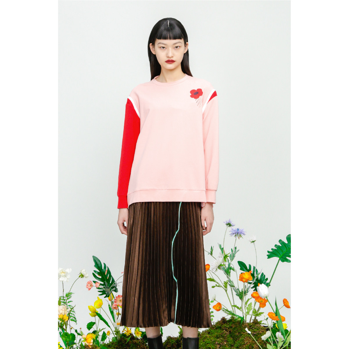 拼色拉链少女长袖印花卫衣