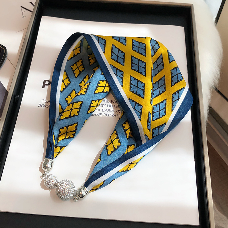 百搭黄蓝色真丝丝巾项链磁扣吊坠护颈椎秋冬时尚100%桑蚕丝小领巾