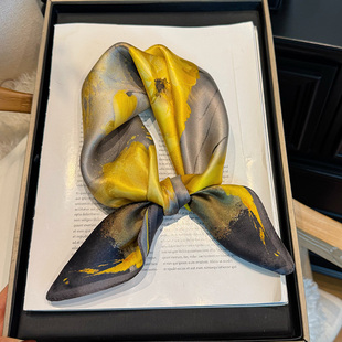 百搭黄黑色真丝丝巾100%桑蚕丝小方巾春秋高级感送礼小领巾护颈椎