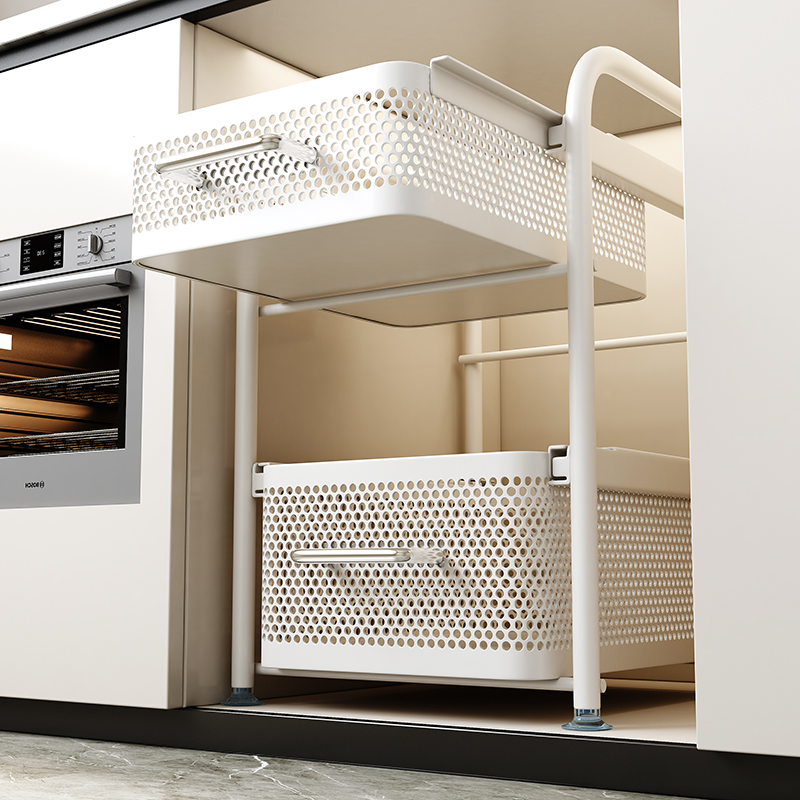 厨房下水槽拉篮柜内超深窄缝双层抽拉式收纳架橱柜内分层置物架