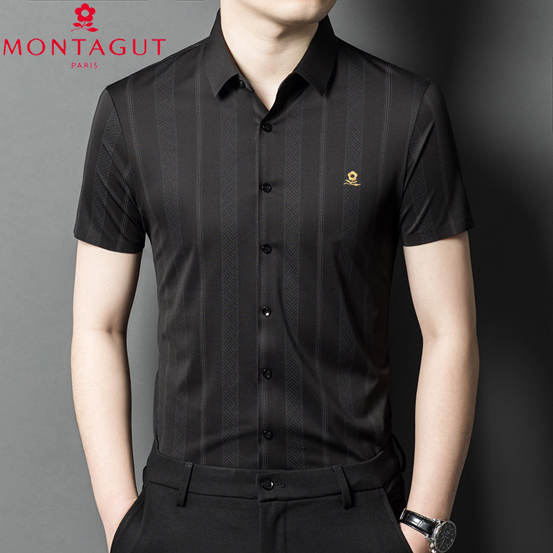 梦特娇2026新款男士短袖T恤商务休闲条纹翻领纯棉夏季衬衫上衣