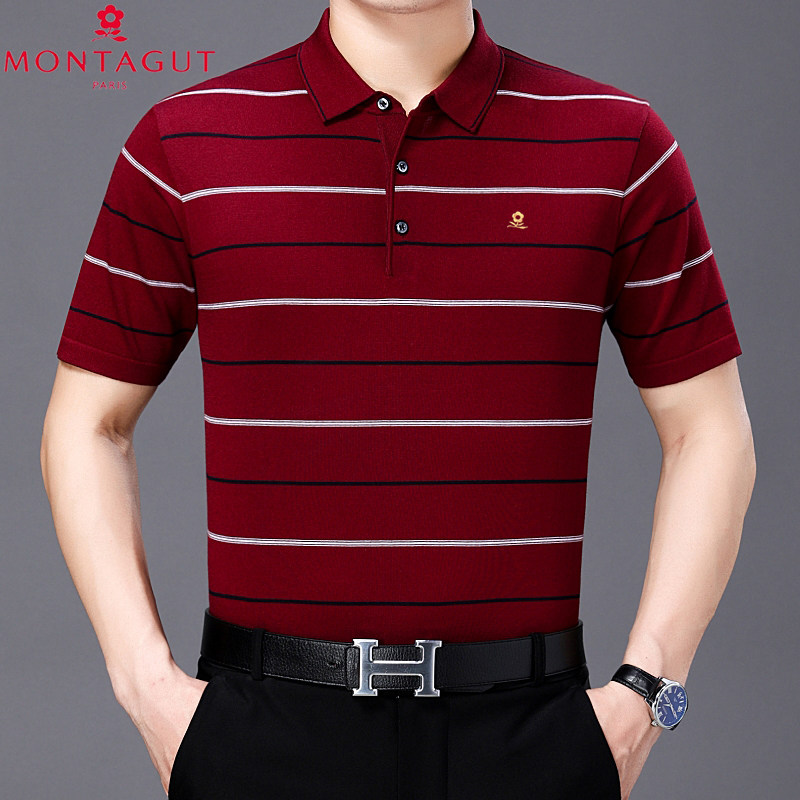 梦特娇夏季男士短袖T恤纯棉条纹POLO衫国际大牌商务休闲翻领上衣