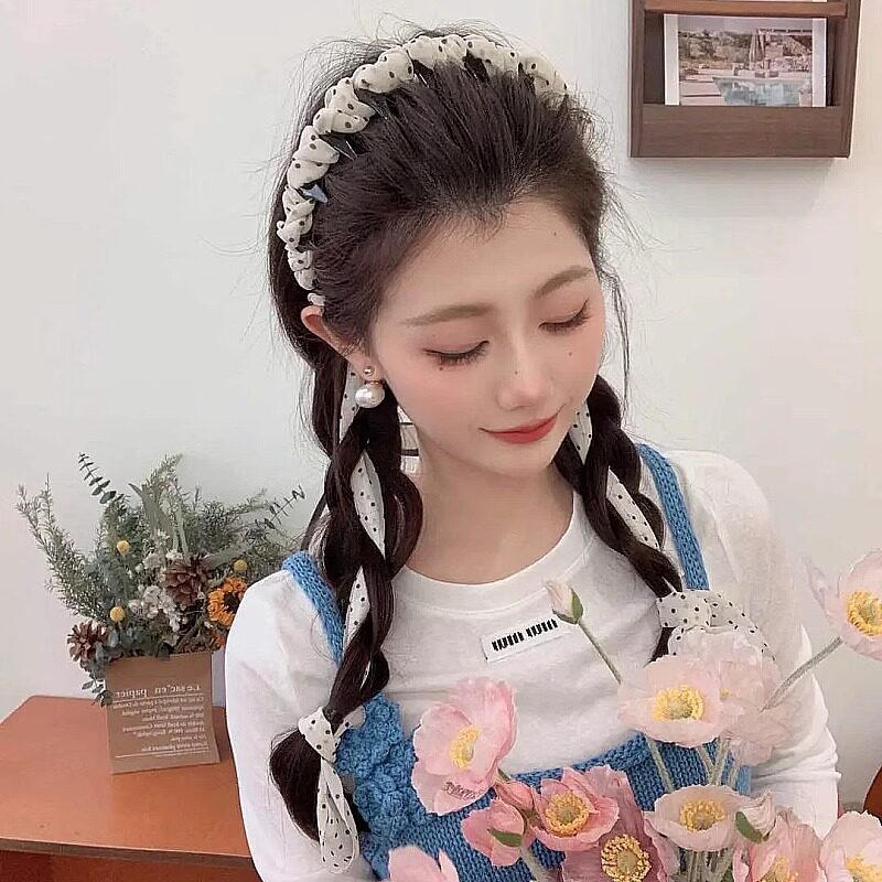 波点飘带发箍女新款时尚气质发带丝巾绑发外出百搭编发头饰发饰