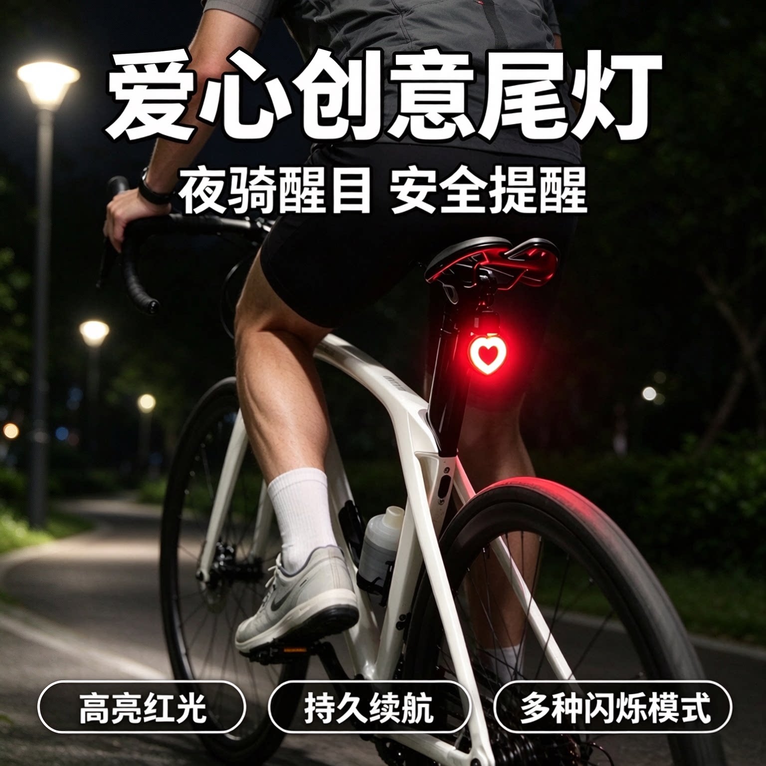 创意心形单车尾灯夜间骑行防追尾警示灯 USB充电骑行配件夜间警示