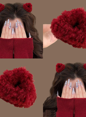 2026新年红色毛绒猫耳朵抓夹女秋冬发夹前额侧边刘海夹公主头发卡