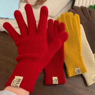 日系纯色毛线针织手套女冬季长款保暖防寒防冻红色可触屏五指分指