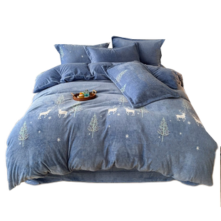 定做kingsize四件套 牛奶绒加厚双面毛绒被套queen床单防滑抗静电