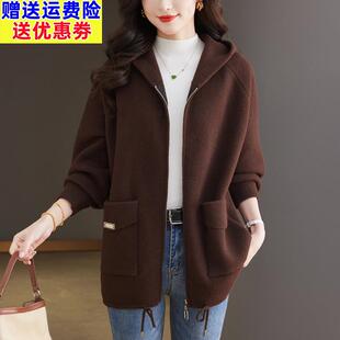 加肥加大码女装秋冬毛呢外套女宽松休闲中年妈妈双面羊绒大衣连帽
