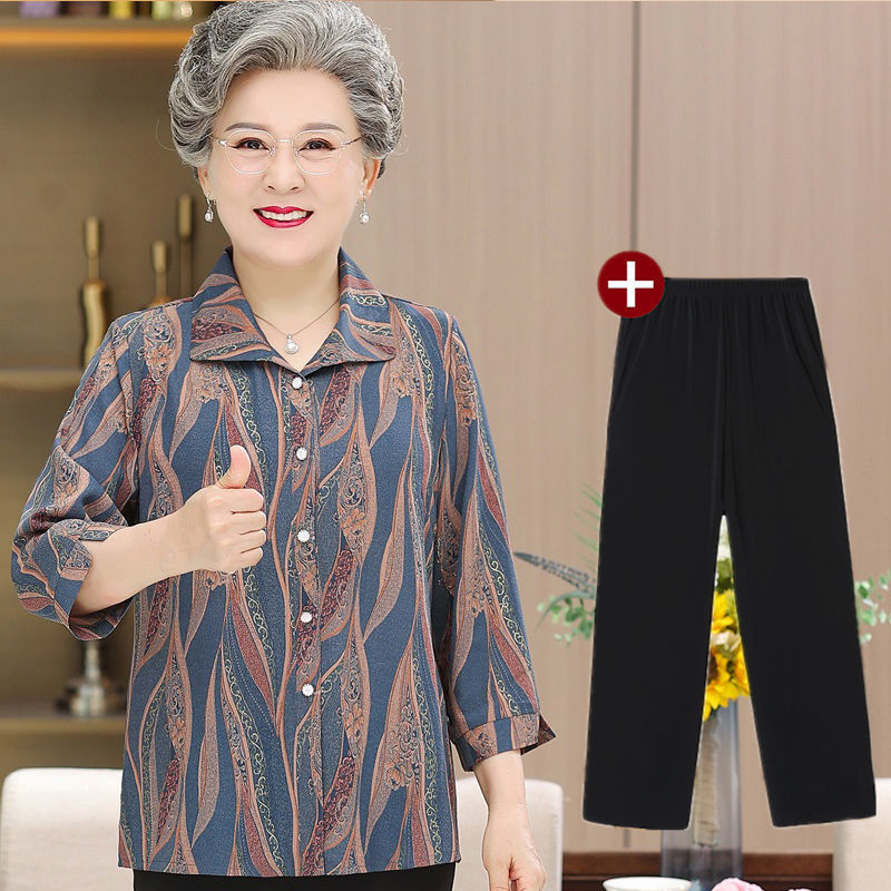 老年人衣服中老年人女装春装衬衫套装妈妈中袖岁70老人奶奶夏装80