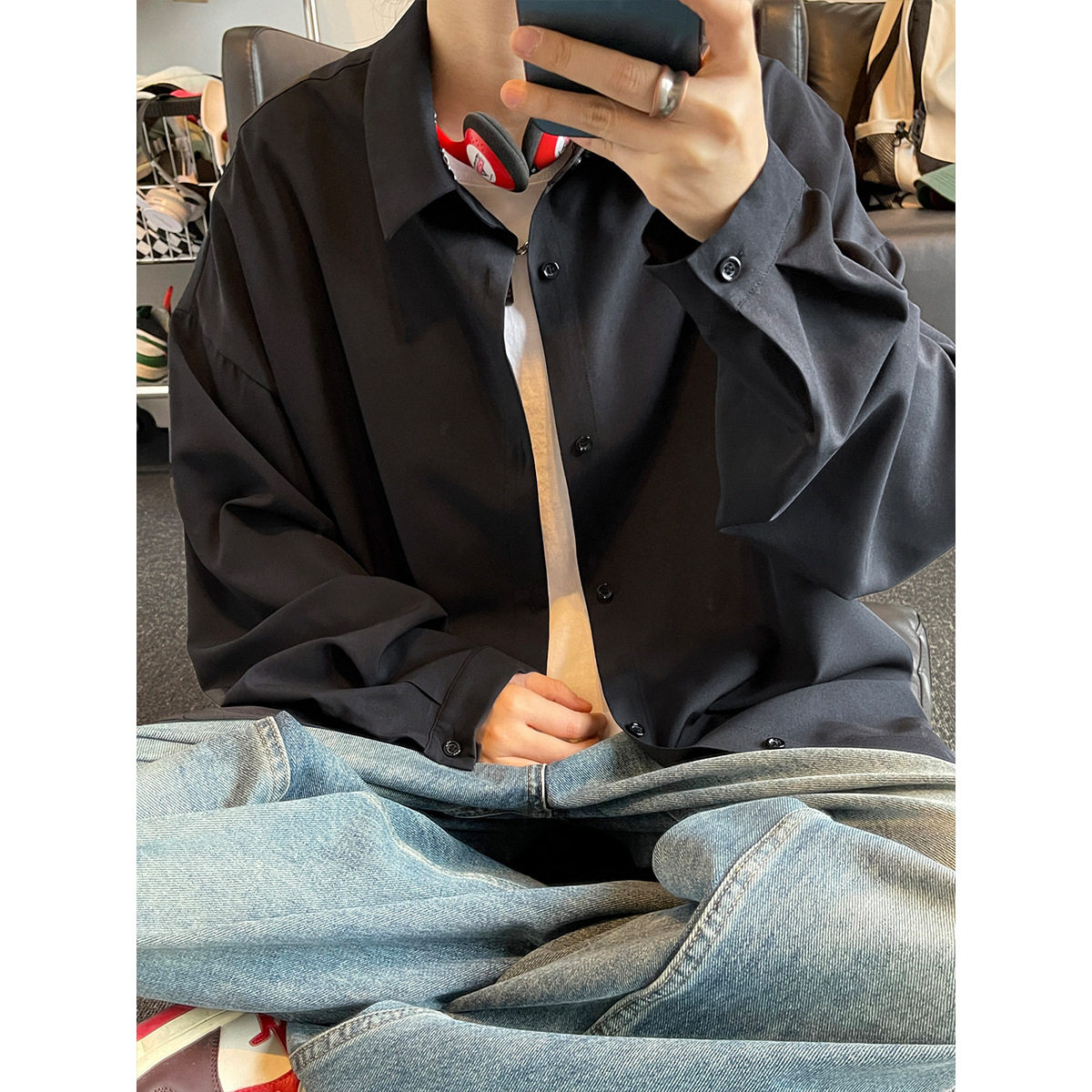 春夏长袖衬衫男痞帅高级感垂感冰丝基础款衬衫衬衣西装内搭外套