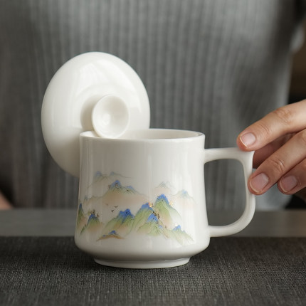 羊脂玉陶瓷茶杯办公室个人专用马克杯带盖白瓷杯子家用水杯伴手礼