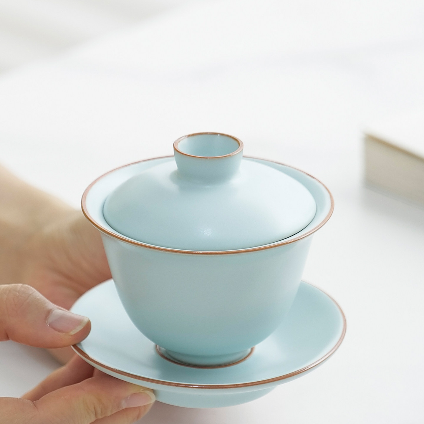 天青汝窑三才盖碗单个家用高档陶瓷泡茶碗三件套茶杯功夫茶具礼品