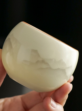 米黄汝窑水墨江山茶杯个人专用主人杯喝茶杯子茶盏节日送员工礼品