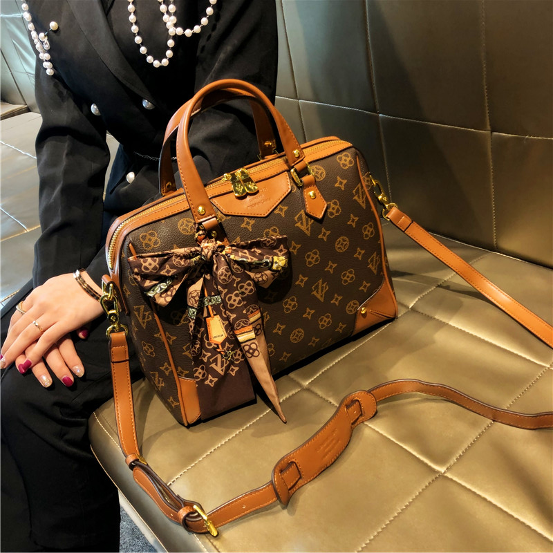 lv&fa官方旗舰店真皮女包老花复古手提包斜挎单肩真皮波士顿包潮