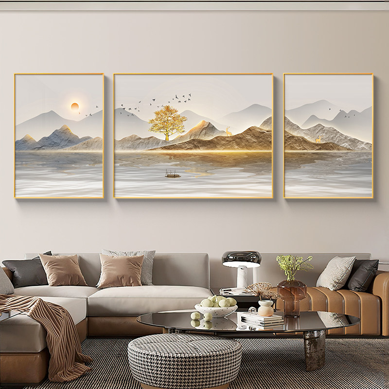 旭日东升山水画客厅挂画大气高档三联画现代轻奢沙发背景墙装饰画,家居饰品,现代装饰画,淘宝优惠券,粉丝福利购,淘宝优惠卷